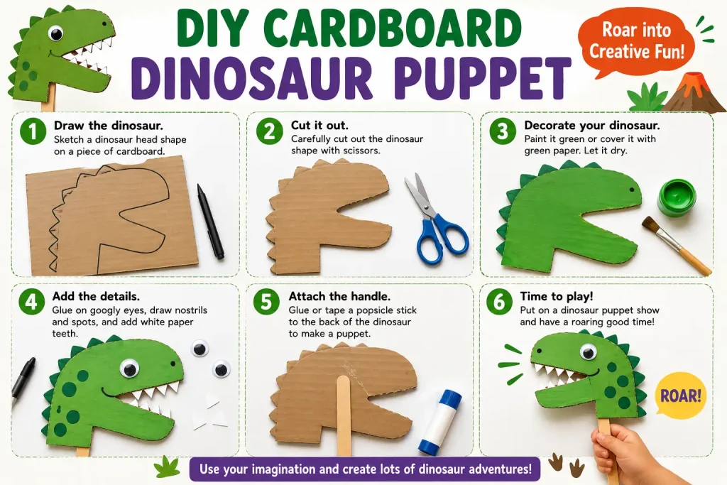 Cardboard Dinosaur Puppet Steps